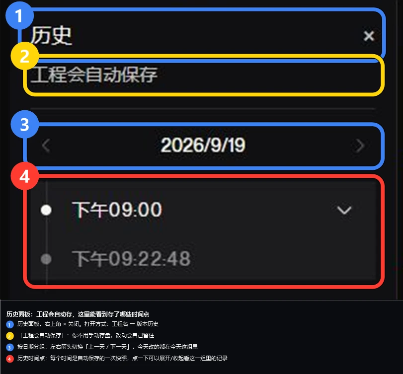 历史面板：工程会自动保存，按日期列出保存时间点