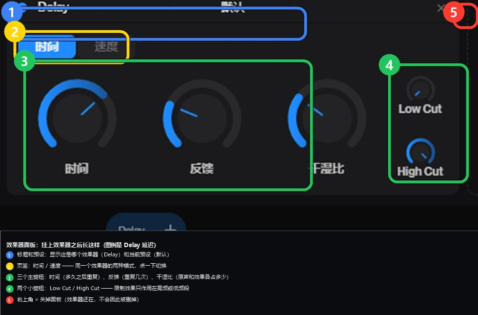 效果器面板：预设、页签、旋钮